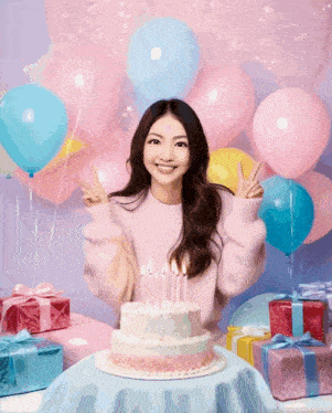 a woman in a pink sweater stands in front of a birthday cake with lit candles