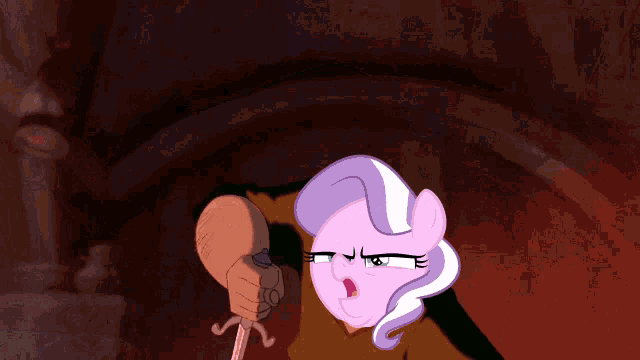 a cartoon of a pony holding a sword with the words now now listen to me diamond tiara