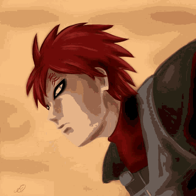 a drawing of a man with red hair has the letter e on the bottom right