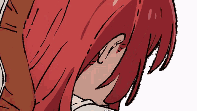 a drawing of a person with red hair covering their ears