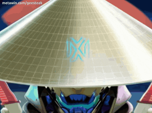 a cartoon drawing of a robot wearing a conical hat with the website metawin.com/geesesteak written below it