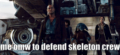 a group of people standing next to each other with the words " me omw to defend skeleton crew " above them
