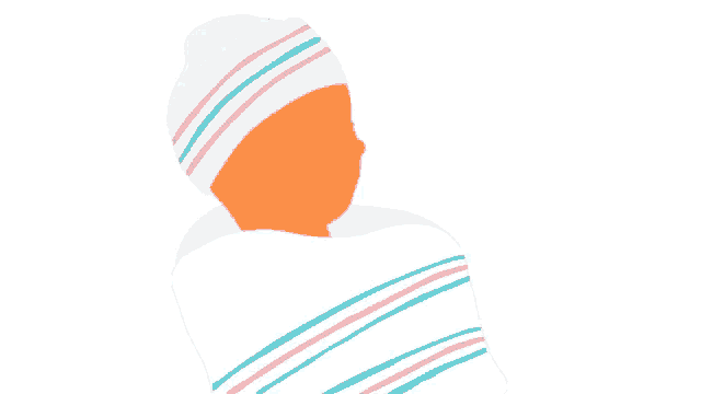 a baby wrapped in a striped blanket and a hospital hat