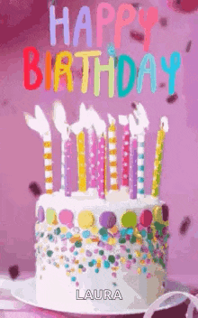 a birthday cake with candles and sprinkles on it and the words `` happy birthday '' written on it .