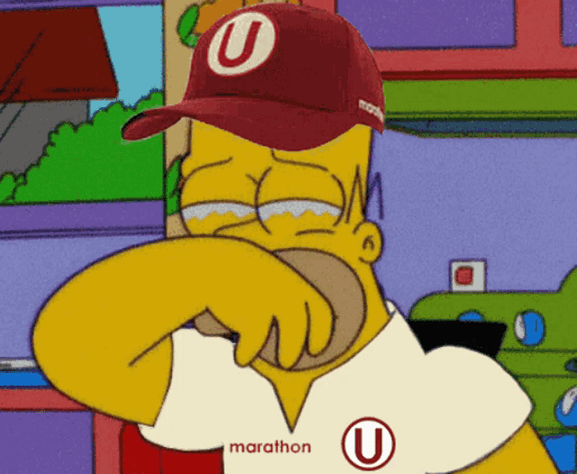 homer simpson is wearing a marathon jersey