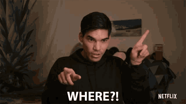 a man in a black hoodie is pointing at the camera and says where ?