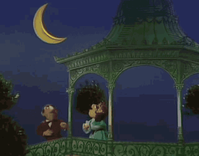 a cartoon scene with a crescent moon and a gazebo