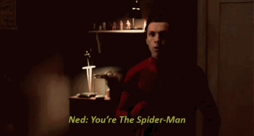 a man in a red shirt says ned you 're the spider man