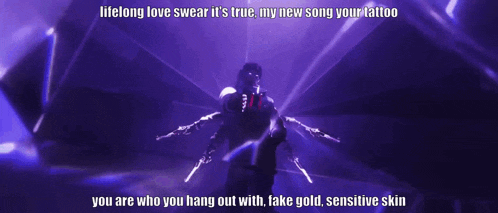 a purple background with a man holding a gun and the words " lifelong love swear it 's true " at the top