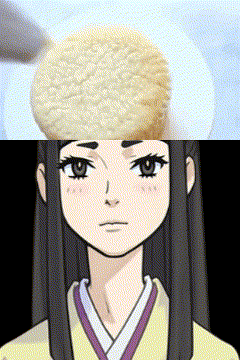 a cartoon girl with long black hair and a cookie on her head