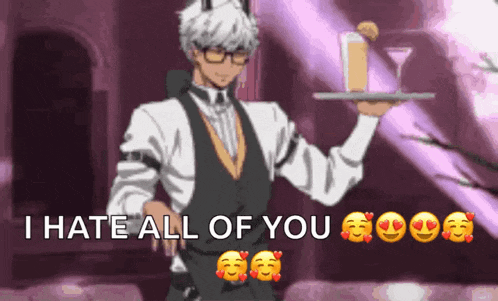 a man is holding a tray with a drink on it and says `` i hate all of you ''
