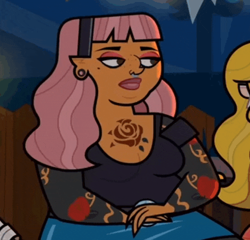 a cartoon of a woman with pink hair and a tattoo of a rose on her chest