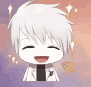 a cartoon character with white hair and a black tie is laughing with his mouth open .