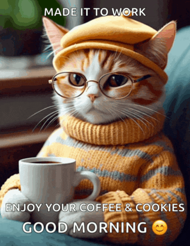 a cat wearing glasses and a hat holding a cup of coffee