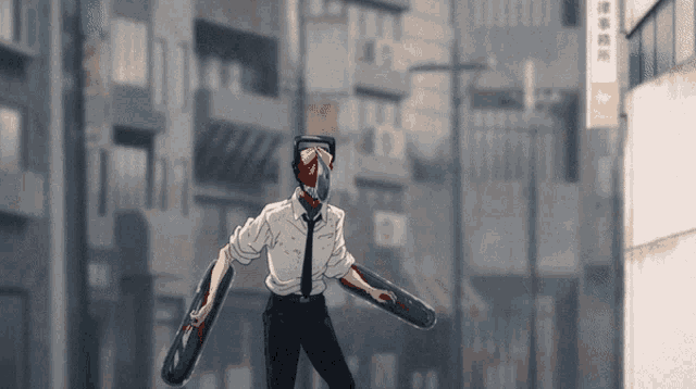 a man in a suit and tie is holding two chainsaws in front of a building with chinese writing on it