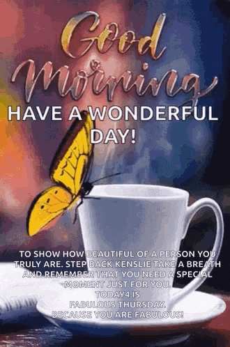 a butterfly is sitting on top of a cup of coffee with the words `` good morning have a wonderful day '' .
