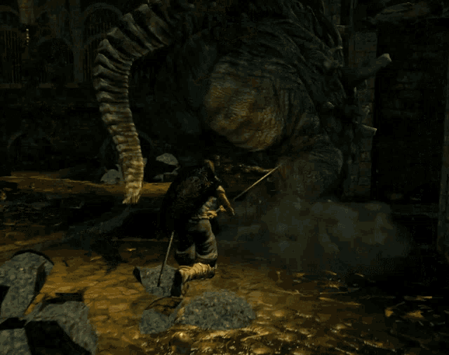 a man with a sword and shield is fighting a large monster