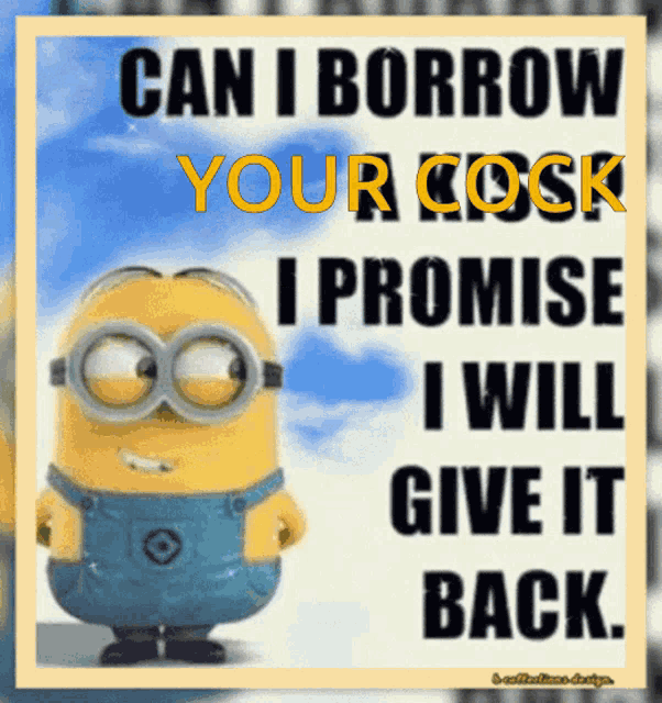 a picture of a minion with a quote that says can i borrow your cock i promise i will give it back