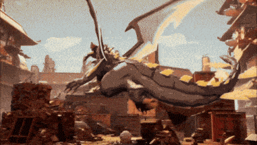 a cartoon dragon is flying over a city