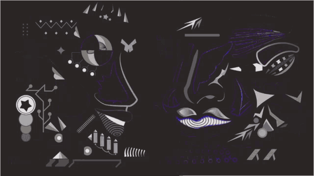 a drawing of a woman 's face with geometric shapes and a bird