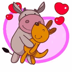 a donkey is hugging a kangaroo in a cartoon