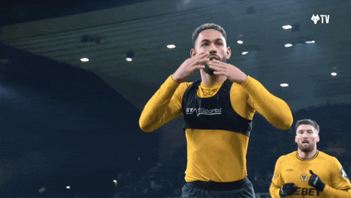 a soccer player wearing a yellow vest that says " stadium " on it