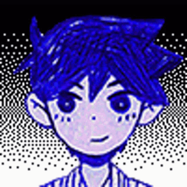 a pixel art drawing of a boy with blue hair and a purple shirt .