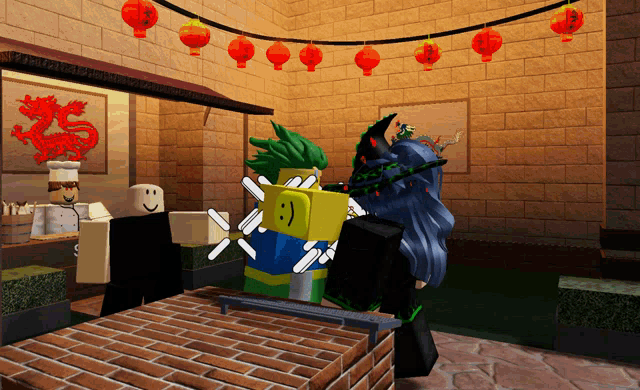 a couple of roblox characters standing in a room