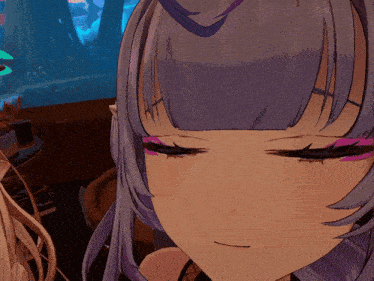 a close up of a anime character with purple hair