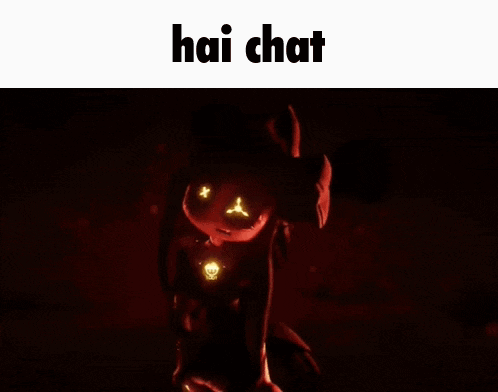 a cartoon character with glowing eyes and a skull on his chest is in the dark .