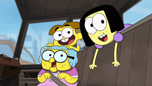 three cartoon characters are sitting in the back seat of a vehicle