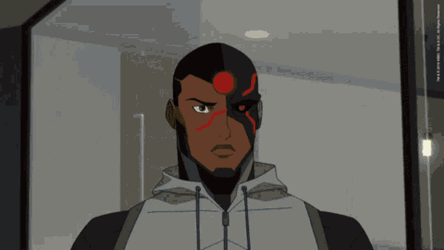 a cartoon character with a red eye and a gray hoodie