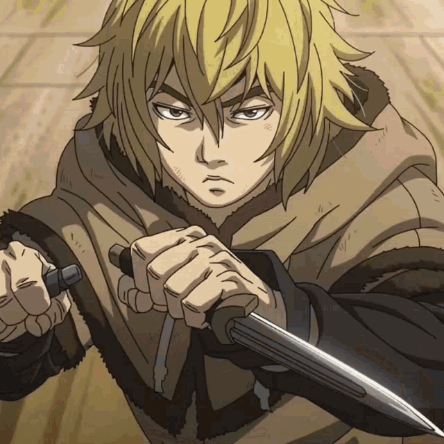 a cartoon character is holding a knife in his hand