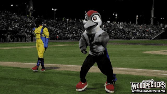 a mascot for the fayetteville woodpeckers is on the field