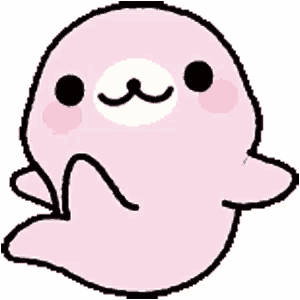 a cartoon drawing of a pink seal with a smile on its face and a tongue sticking out .