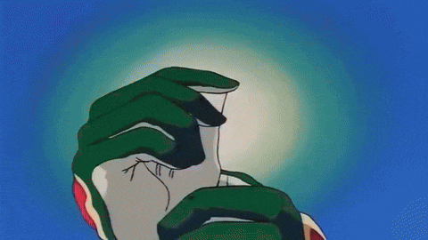 a close up of a person 's hand with a green glove on against a blue background .