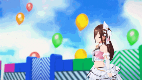 a girl in a pink dress stands in front of balloons flying in the sky
