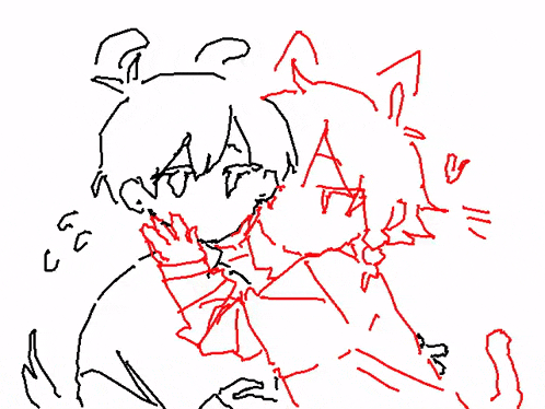 a drawing of a boy and a cat with red lines on a white background