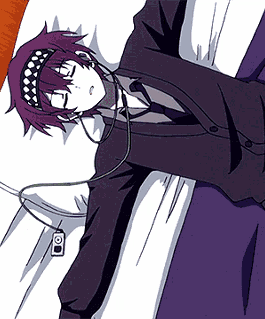 a man in a suit and tie is laying on a bed with headphones on