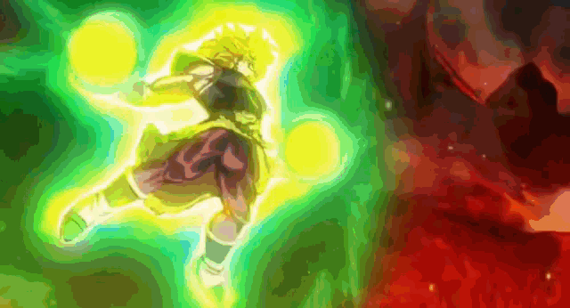 a cartoon character is flying through the air in a green and yellow aura .