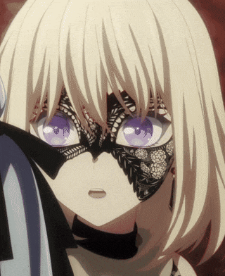 a close up of a girl with purple eyes and a mask on her face