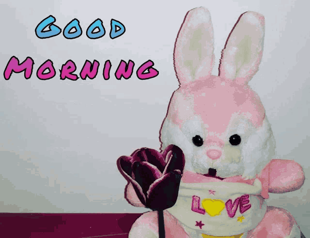 a pink and white stuffed bunny rabbit holding a flower with the words good morning written above it