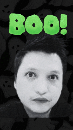 a black and white photo of a person with the word boo in green