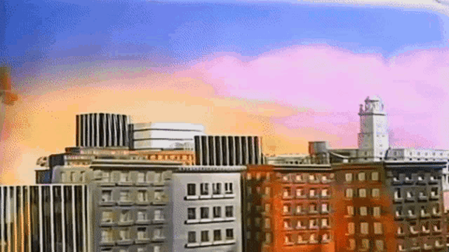 a cartoon drawing of a city skyline with a sunset in the background