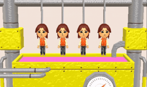 four cartoon characters are standing in front of a yellow clock