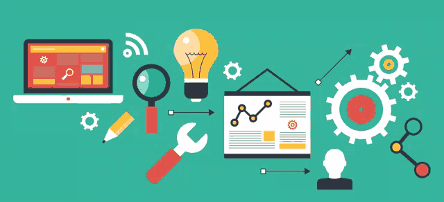 an illustration of a laptop a light bulb a magnifying glass and gears