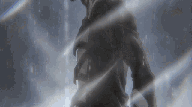 a silhouette of a person standing in the rain with a sword .