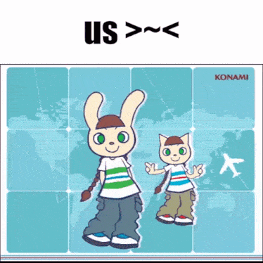 a cartoon of a rabbit and a cat with the word konami on the bottom right