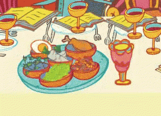 a cartoon illustration of a table with a plate of food and wine glasses