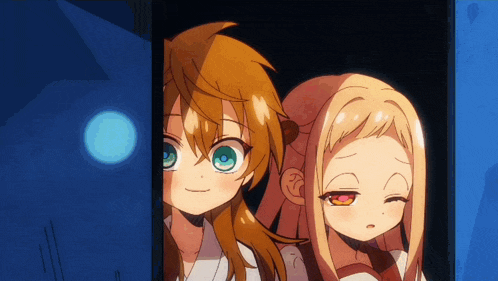 two anime girls are peeking out from behind a blue wall